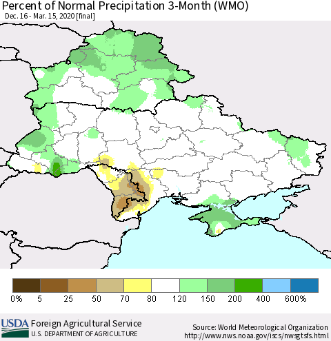 Ukraine, Moldova and Belarus Percent of Normal Precipitation 3-Month (WMO) Thematic Map For 12/16/2019 - 3/15/2020