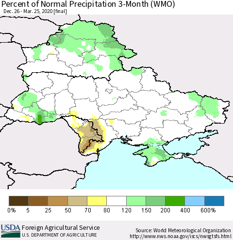 Ukraine, Moldova and Belarus Percent of Normal Precipitation 3-Month (WMO) Thematic Map For 12/26/2019 - 3/25/2020