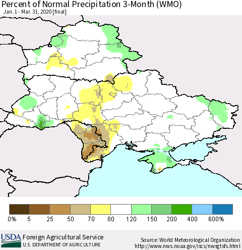 Ukraine, Moldova and Belarus Percent of Normal Precipitation 3-Month (WMO) Thematic Map For 1/1/2020 - 3/31/2020