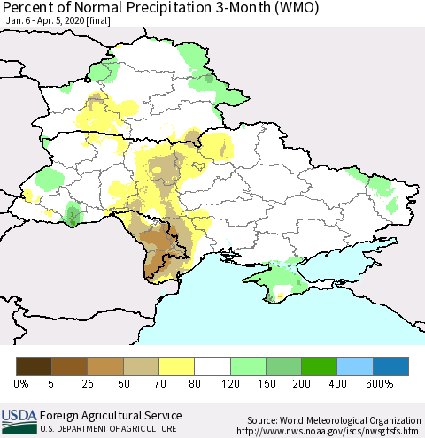 Ukraine, Moldova and Belarus Percent of Normal Precipitation 3-Month (WMO) Thematic Map For 1/6/2020 - 4/5/2020