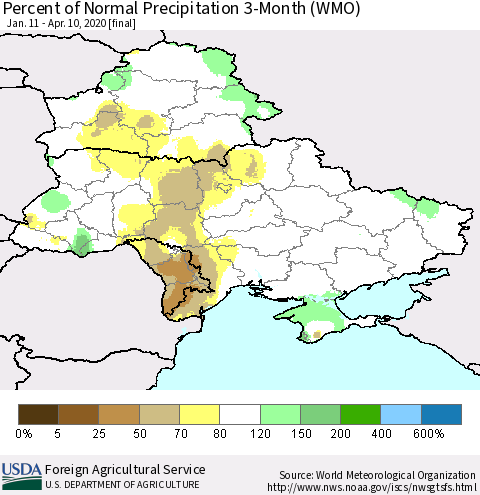 Ukraine, Moldova and Belarus Percent of Normal Precipitation 3-Month (WMO) Thematic Map For 1/11/2020 - 4/10/2020