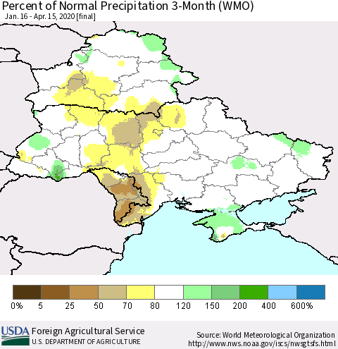 Ukraine, Moldova and Belarus Percent of Normal Precipitation 3-Month (WMO) Thematic Map For 1/16/2020 - 4/15/2020