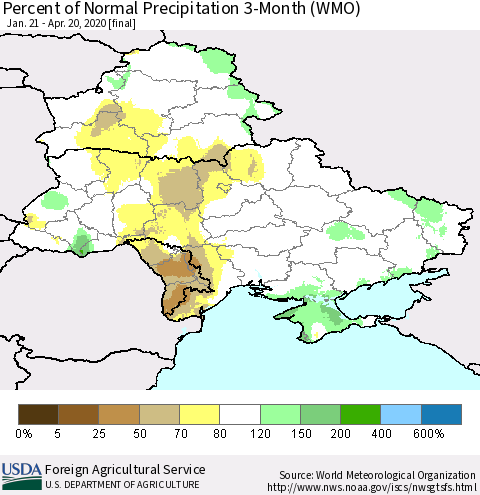 Ukraine, Moldova and Belarus Percent of Normal Precipitation 3-Month (WMO) Thematic Map For 1/21/2020 - 4/20/2020