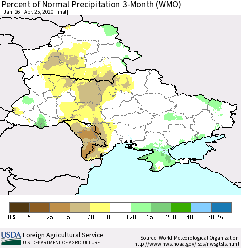 Ukraine, Moldova and Belarus Percent of Normal Precipitation 3-Month (WMO) Thematic Map For 1/26/2020 - 4/25/2020