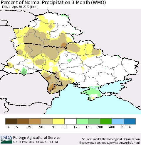 Ukraine, Moldova and Belarus Percent of Normal Precipitation 3-Month (WMO) Thematic Map For 2/1/2020 - 4/30/2020