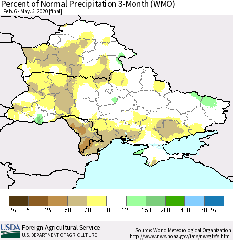 Ukraine, Moldova and Belarus Percent of Normal Precipitation 3-Month (WMO) Thematic Map For 2/6/2020 - 5/5/2020