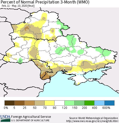 Ukraine, Moldova and Belarus Percent of Normal Precipitation 3-Month (WMO) Thematic Map For 2/11/2020 - 5/10/2020