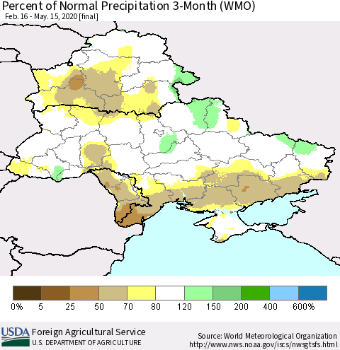 Ukraine, Moldova and Belarus Percent of Normal Precipitation 3-Month (WMO) Thematic Map For 2/16/2020 - 5/15/2020