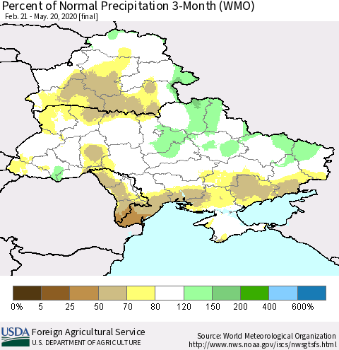 Ukraine, Moldova and Belarus Percent of Normal Precipitation 3-Month (WMO) Thematic Map For 2/21/2020 - 5/20/2020