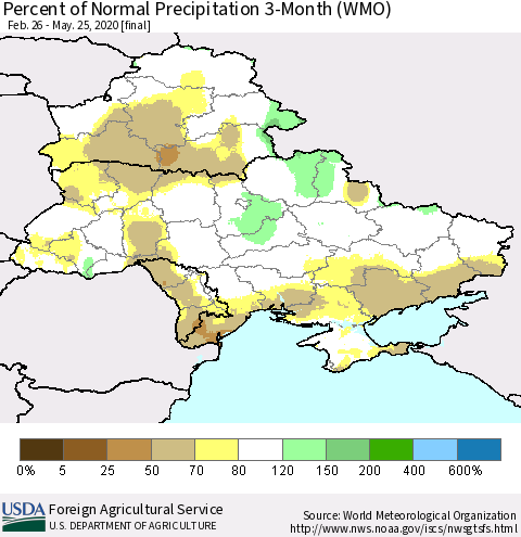 Ukraine, Moldova and Belarus Percent of Normal Precipitation 3-Month (WMO) Thematic Map For 2/26/2020 - 5/25/2020
