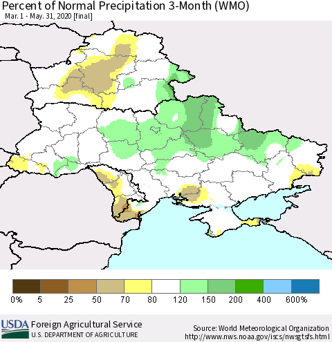 Ukraine, Moldova and Belarus Percent of Normal Precipitation 3-Month (WMO) Thematic Map For 3/1/2020 - 5/31/2020