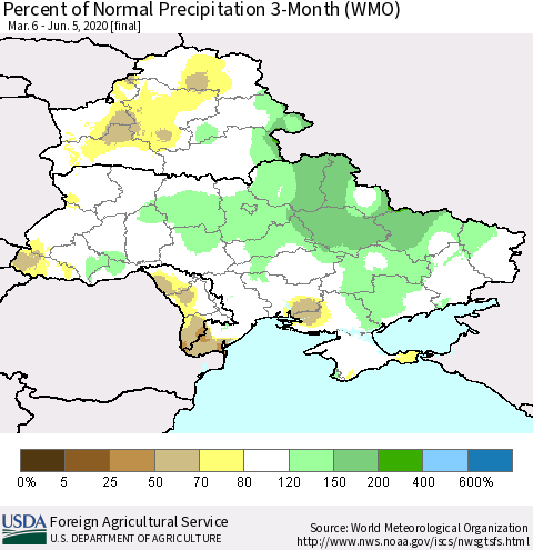Ukraine, Moldova and Belarus Percent of Normal Precipitation 3-Month (WMO) Thematic Map For 3/6/2020 - 6/5/2020