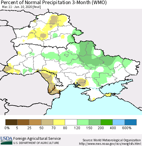 Ukraine, Moldova and Belarus Percent of Normal Precipitation 3-Month (WMO) Thematic Map For 3/11/2020 - 6/10/2020