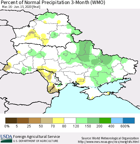 Ukraine, Moldova and Belarus Percent of Normal Precipitation 3-Month (WMO) Thematic Map For 3/16/2020 - 6/15/2020