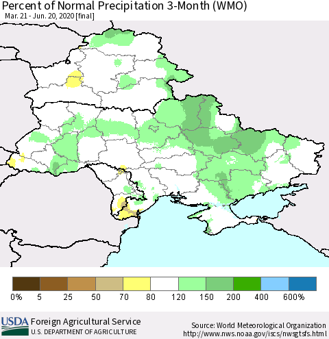 Ukraine, Moldova and Belarus Percent of Normal Precipitation 3-Month (WMO) Thematic Map For 3/21/2020 - 6/20/2020
