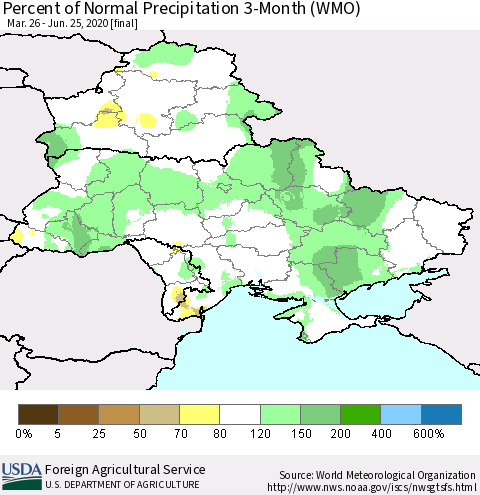 Ukraine, Moldova and Belarus Percent of Normal Precipitation 3-Month (WMO) Thematic Map For 3/26/2020 - 6/25/2020