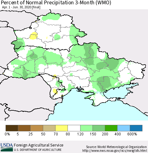 Ukraine, Moldova and Belarus Percent of Normal Precipitation 3-Month (WMO) Thematic Map For 4/1/2020 - 6/30/2020