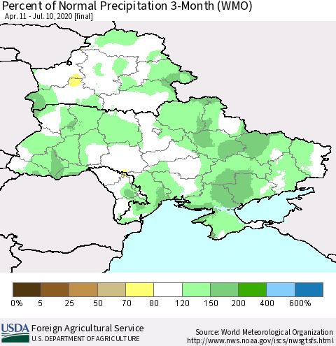 Ukraine, Moldova and Belarus Percent of Normal Precipitation 3-Month (WMO) Thematic Map For 4/11/2020 - 7/10/2020