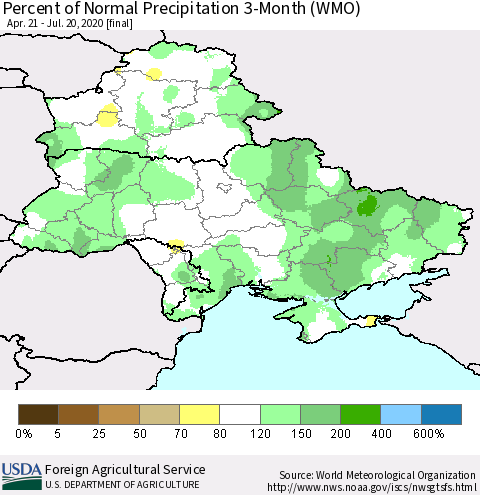 Ukraine, Moldova and Belarus Percent of Normal Precipitation 3-Month (WMO) Thematic Map For 4/21/2020 - 7/20/2020
