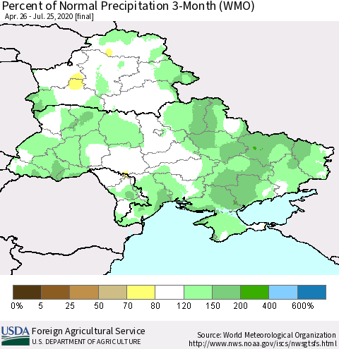 Ukraine, Moldova and Belarus Percent of Normal Precipitation 3-Month (WMO) Thematic Map For 4/26/2020 - 7/25/2020