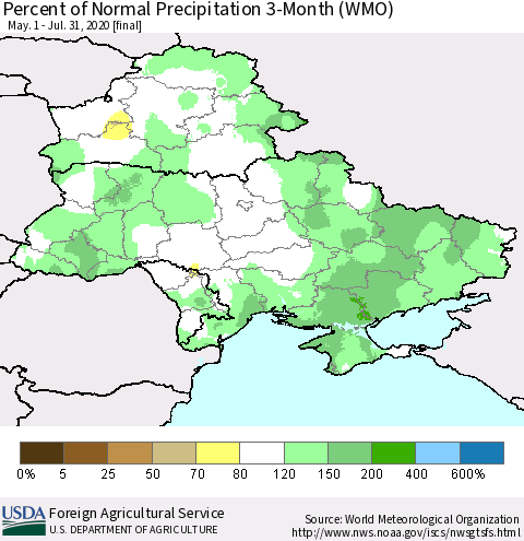 Ukraine, Moldova and Belarus Percent of Normal Precipitation 3-Month (WMO) Thematic Map For 5/1/2020 - 7/31/2020