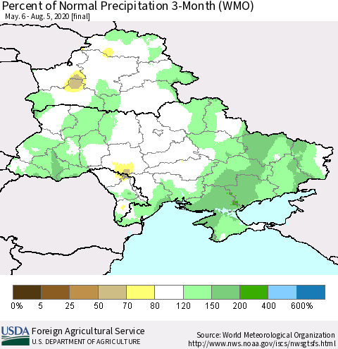 Ukraine, Moldova and Belarus Percent of Normal Precipitation 3-Month (WMO) Thematic Map For 5/6/2020 - 8/5/2020