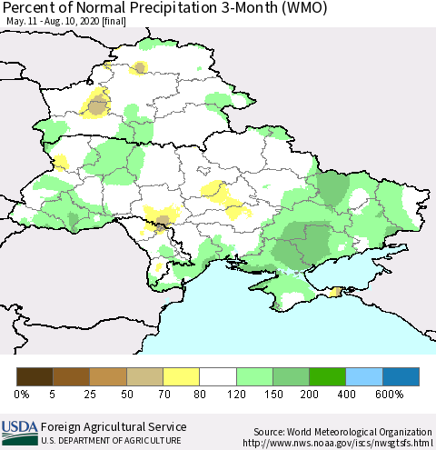 Ukraine, Moldova and Belarus Percent of Normal Precipitation 3-Month (WMO) Thematic Map For 5/11/2020 - 8/10/2020
