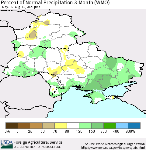 Ukraine, Moldova and Belarus Percent of Normal Precipitation 3-Month (WMO) Thematic Map For 5/16/2020 - 8/15/2020