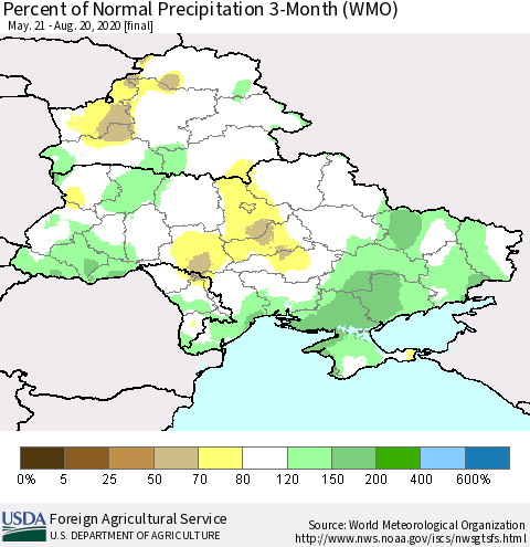 Ukraine, Moldova and Belarus Percent of Normal Precipitation 3-Month (WMO) Thematic Map For 5/21/2020 - 8/20/2020