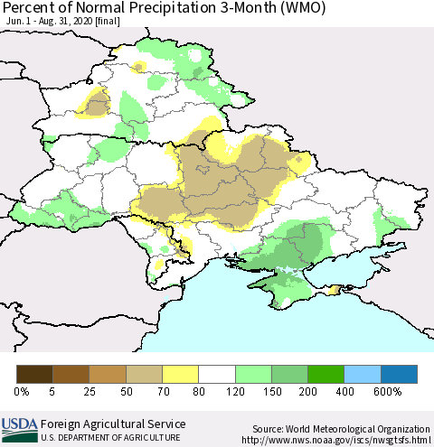 Ukraine, Moldova and Belarus Percent of Normal Precipitation 3-Month (WMO) Thematic Map For 6/1/2020 - 8/31/2020