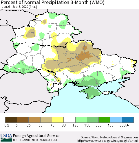 Ukraine, Moldova and Belarus Percent of Normal Precipitation 3-Month (WMO) Thematic Map For 6/6/2020 - 9/5/2020