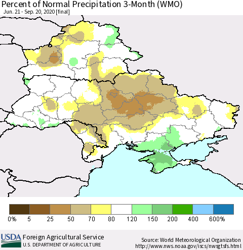 Ukraine, Moldova and Belarus Percent of Normal Precipitation 3-Month (WMO) Thematic Map For 6/21/2020 - 9/20/2020
