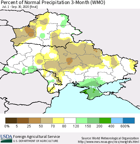 Ukraine, Moldova and Belarus Percent of Normal Precipitation 3-Month (WMO) Thematic Map For 7/1/2020 - 9/30/2020
