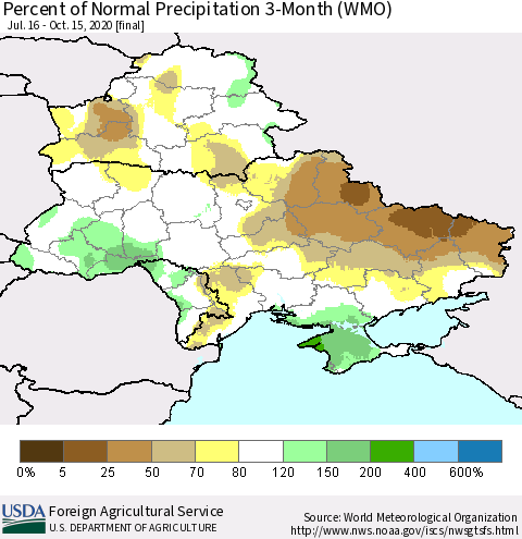 Ukraine, Moldova and Belarus Percent of Normal Precipitation 3-Month (WMO) Thematic Map For 7/16/2020 - 10/15/2020