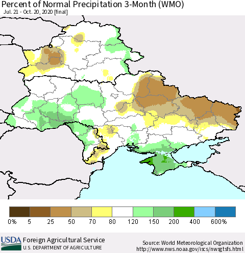 Ukraine, Moldova and Belarus Percent of Normal Precipitation 3-Month (WMO) Thematic Map For 7/21/2020 - 10/20/2020