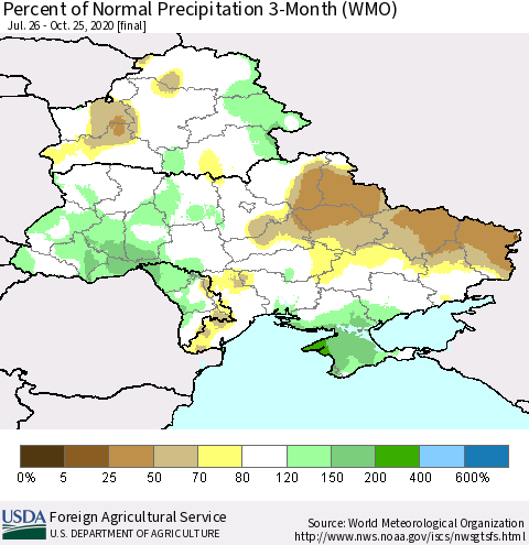 Ukraine, Moldova and Belarus Percent of Normal Precipitation 3-Month (WMO) Thematic Map For 7/26/2020 - 10/25/2020
