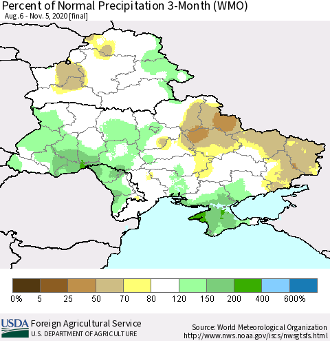 Ukraine, Moldova and Belarus Percent of Normal Precipitation 3-Month (WMO) Thematic Map For 8/6/2020 - 11/5/2020
