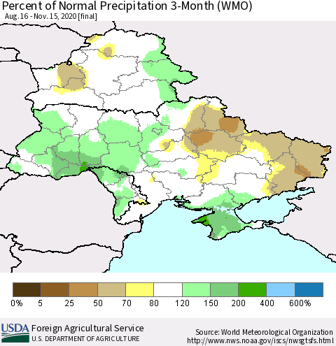 Ukraine, Moldova and Belarus Percent of Normal Precipitation 3-Month (WMO) Thematic Map For 8/16/2020 - 11/15/2020