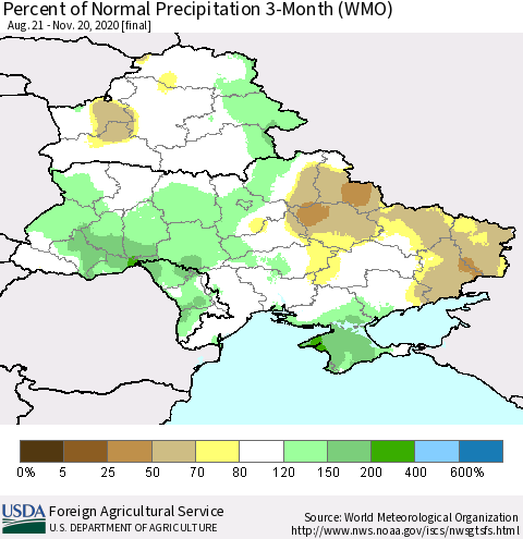 Ukraine, Moldova and Belarus Percent of Normal Precipitation 3-Month (WMO) Thematic Map For 8/21/2020 - 11/20/2020