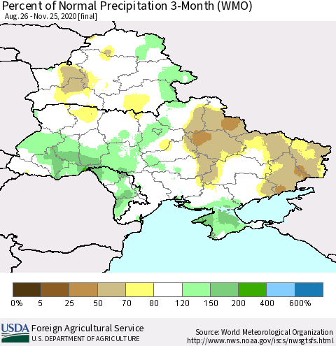 Ukraine, Moldova and Belarus Percent of Normal Precipitation 3-Month (WMO) Thematic Map For 8/26/2020 - 11/25/2020