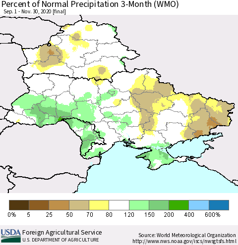 Ukraine, Moldova and Belarus Percent of Normal Precipitation 3-Month (WMO) Thematic Map For 9/1/2020 - 11/30/2020
