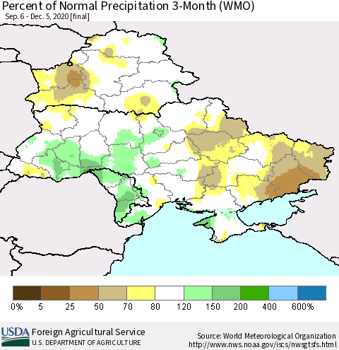 Ukraine, Moldova and Belarus Percent of Normal Precipitation 3-Month (WMO) Thematic Map For 9/6/2020 - 12/5/2020