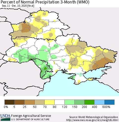 Ukraine, Moldova and Belarus Percent of Normal Precipitation 3-Month (WMO) Thematic Map For 9/11/2020 - 12/10/2020