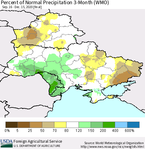Ukraine, Moldova and Belarus Percent of Normal Precipitation 3-Month (WMO) Thematic Map For 9/16/2020 - 12/15/2020