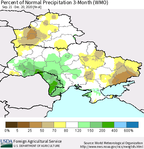 Ukraine, Moldova and Belarus Percent of Normal Precipitation 3-Month (WMO) Thematic Map For 9/21/2020 - 12/20/2020