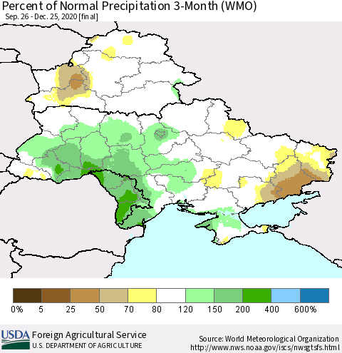 Ukraine, Moldova and Belarus Percent of Normal Precipitation 3-Month (WMO) Thematic Map For 9/26/2020 - 12/25/2020