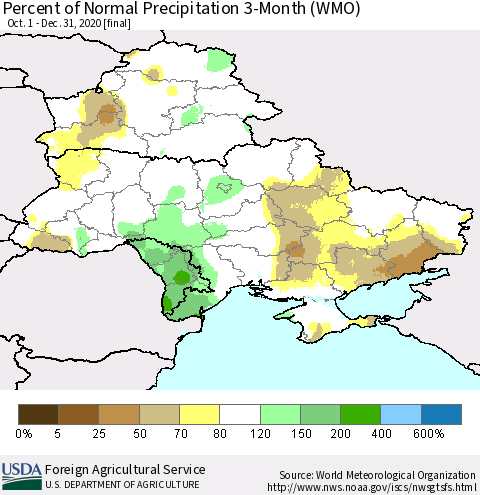 Ukraine, Moldova and Belarus Percent of Normal Precipitation 3-Month (WMO) Thematic Map For 10/1/2020 - 12/31/2020