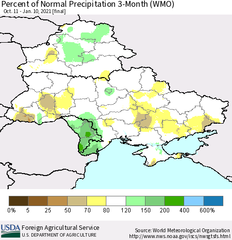 Ukraine, Moldova and Belarus Percent of Normal Precipitation 3-Month (WMO) Thematic Map For 10/11/2020 - 1/10/2021