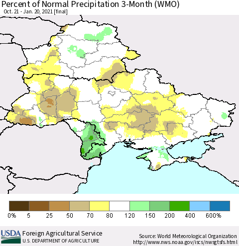 Ukraine, Moldova and Belarus Percent of Normal Precipitation 3-Month (WMO) Thematic Map For 10/21/2020 - 1/20/2021