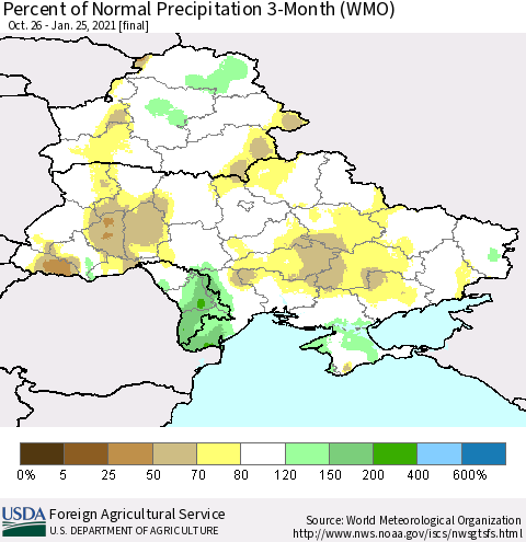 Ukraine, Moldova and Belarus Percent of Normal Precipitation 3-Month (WMO) Thematic Map For 10/26/2020 - 1/25/2021